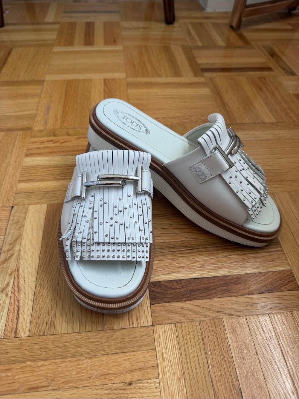 Tod's White Leather Fringe Stud Slide Mules